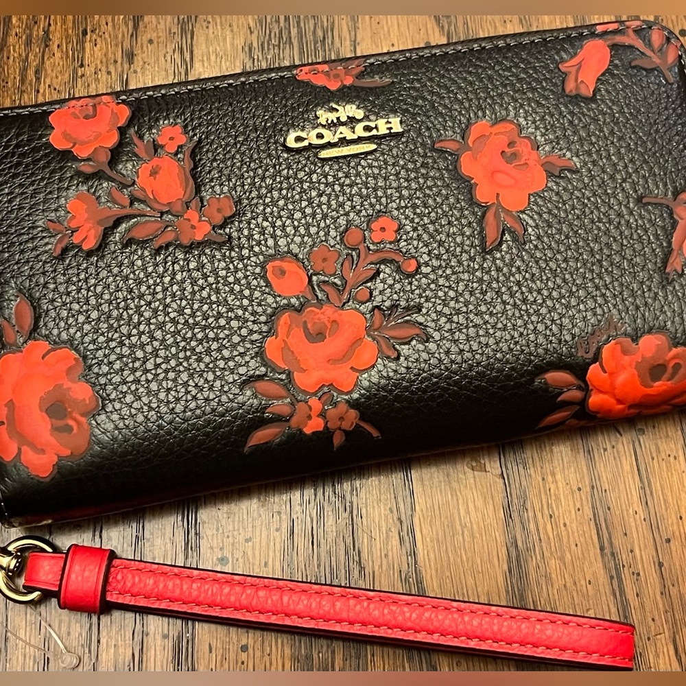 Coach Black and Red Floral Wristlet